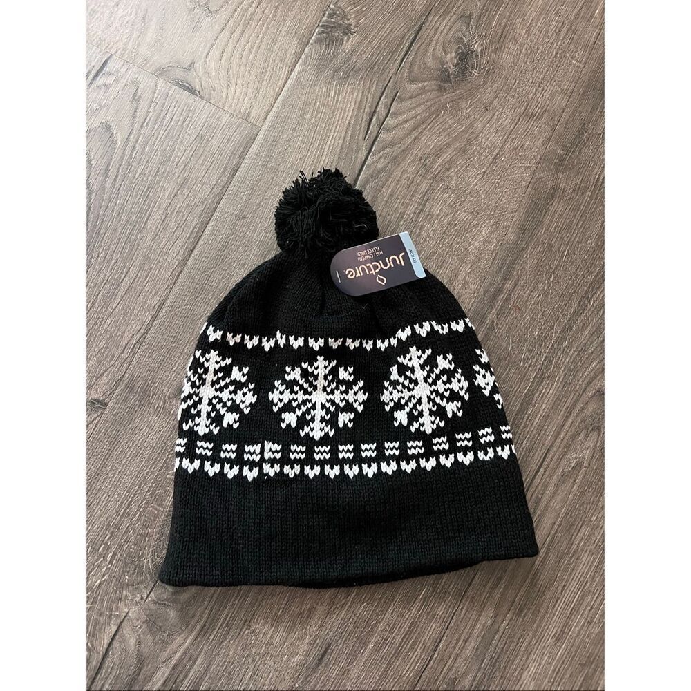 Juncture Unisex Men Women Black Toboggan Winter Hat Cap Ski Snowboard Snowflakes